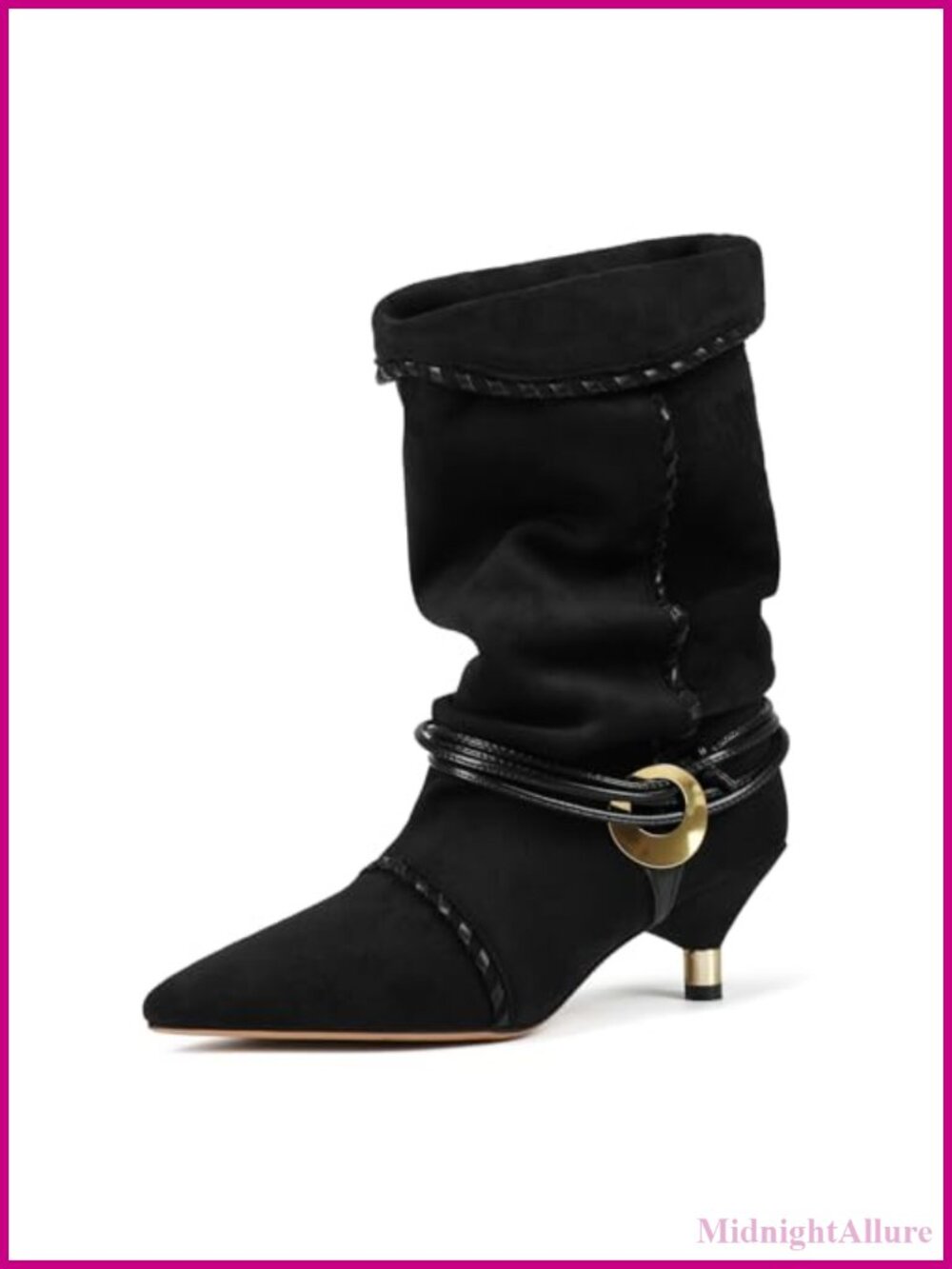 Slouchy Kitten Heel Mid-Calf Boots Pointed Toe Pull-On Suede Women's